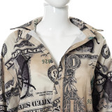 Multicolor Street Print Patchwork Buckle Turndown Collar Long Sleeve Two Pieces
