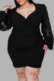 White Fashion Sexy Patchwork See-through V Neck Long Sleeve Plus Size Dresses