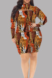 Orange Fashion Casual Print Hollowed Out Half A Turtleneck Long Sleeve Plus Size Dresses