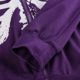 Purple Street Print Patchwork Zipper Hooded Collar Outerwear