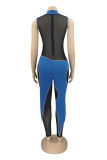 Blue Fashion Sexy Patchwork See-through Turtleneck Skinny Jumpsuits