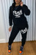 Black Casual Print O Neck Long Sleeve Two Pieces