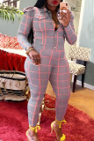 Pink Casual Plaid Print Buckle Turndown Collar Long Sleeve Two Pieces