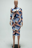 Blue Pink Casual Print Patchwork With Belt Zipper Collar One Step Skirt Dresses