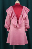 Pink Sweet Solid Split Joint Flounce Fold Half A Turtleneck A Line Dresses