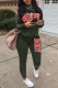 Army Green Casual Print Patchwork Turtleneck Long Sleeve Two Pieces