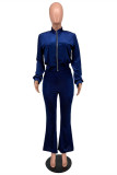 Blue Fashion Casual Solid Basic Zipper Collar Long Sleeve Two Pieces