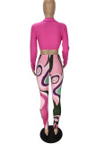 Rose Red Fashion Sexy Print Bandage V Neck Long Sleeve Two Pieces