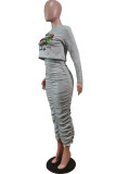 Grey Casual Christmas Tree Printed Fold O Neck Long Sleeve Two Pieces
