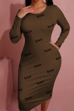 Brown Fashion Casual Letter Print Basic O Neck Long Sleeve Dresses