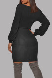 Deep Blue Fashion Casual Solid Basic V Neck Long Sleeve Dresses
