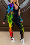 Yellow Street Print Patchwork Zipper Collar Skinny Jumpsuits