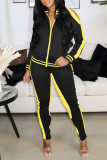 Black Yellow Casual Sportswear Solid Hollowed Out Patchwork Zipper Zipper Collar Long Sleeve Two Pieces
