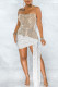 Apricot Sexy Solid Sequins Patchwork Asymmetrical Strapless Pencil Skirt Dresses