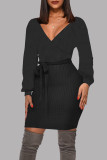 Deep Blue Fashion Casual Solid Basic V Neck Long Sleeve Dresses