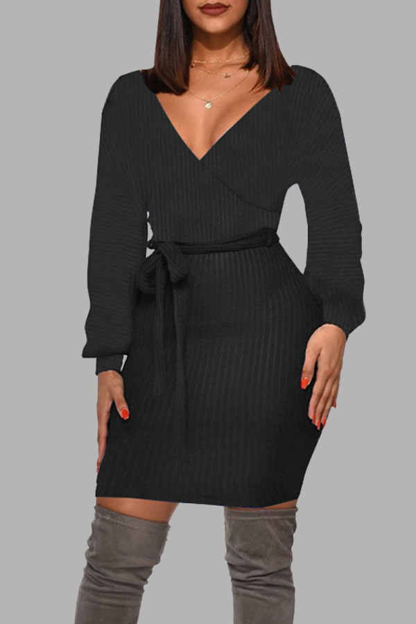 Black Fashion Casual Solid Basic V Neck Long Sleeve Dresses