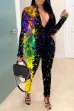 Yellow Street Print Patchwork Zipper Collar Skinny Jumpsuits