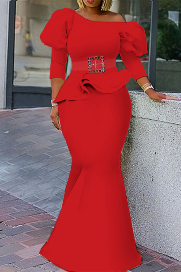Red Fashion Solid With Belt Oblique Collar Three Quarter Two Pieces