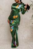 Green Sexy Print Hollowed Out O Neck Irregular Dress Dresses