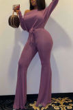 Light Purple Fashion Casual Solid Basic Oblique Collar Regular Jumpsuits