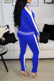 Blue Casual Sportswear Solid Hollowed Out Patchwork Zipper Zipper Collar Long Sleeve Two Pieces