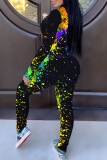 Yellow Street Print Patchwork Zipper Collar Skinny Jumpsuits
