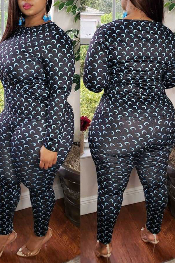 Black Casual Print Patchwork O Neck Long Sleeve Two Pieces