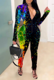 Yellow Street Print Patchwork Zipper Collar Skinny Jumpsuits