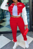 Red Fashion Casual Letter Print Patchwork Long Sleeve Two Pieces