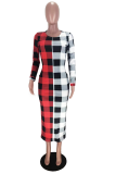 Red Yellow Plaid Patchwork O Neck Wrapped Skirt Dresses