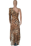 Leopard Print Sexy Print Leopard Split Joint Fold Asymmetrical Oblique Collar Dresses