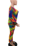Rainbow Color Casual Print Split Joint V Neck Plus Size Jumpsuits