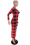 Red Yellow Plaid Patchwork O Neck Wrapped Skirt Dresses