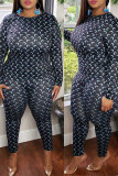 Black Casual Print Patchwork O Neck Long Sleeve Two Pieces