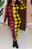 Red Yellow Plaid Patchwork O Neck Wrapped Skirt Dresses