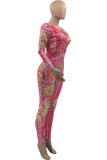Pink Fashion Casual Print Cardigan Turndown Collar Long Sleeve Two Pieces