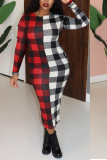 Red Yellow Plaid Patchwork O Neck Wrapped Skirt Dresses