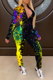Yellow Street Print Patchwork Zipper Collar Skinny Jumpsuits
