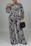 Black Casual Print Patchwork With Belt Straight Jumpsuits