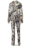 Multicolor Street Print Patchwork Buckle Turndown Collar Long Sleeve Two Pieces