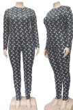 Black Casual Print Patchwork O Neck Long Sleeve Two Pieces