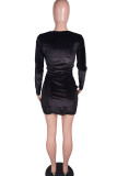 Black Sexy Solid Hollowed Out Split Joint Slit O Neck One Step Skirt Dresses