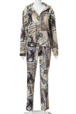 Multicolor Street Print Patchwork Buckle Turndown Collar Long Sleeve Two Pieces