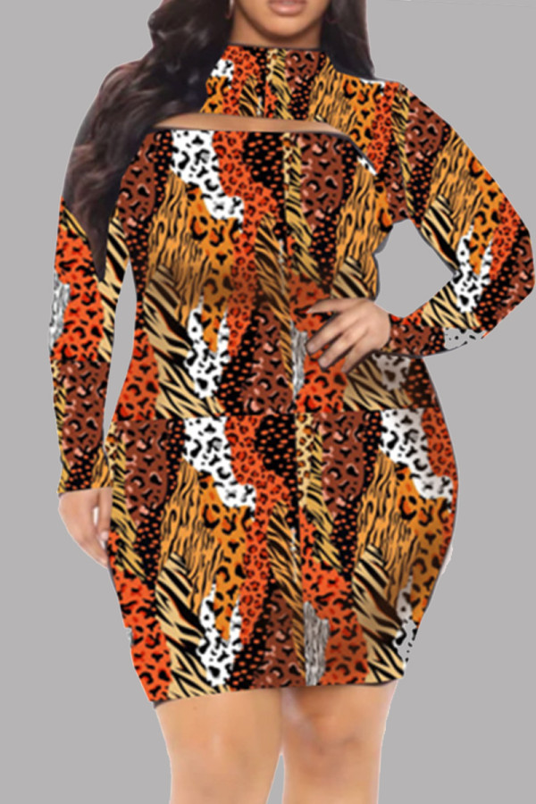 Orange Fashion Casual Print Hollowed Out Half A Turtleneck Long Sleeve Plus Size Dresses
