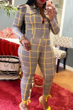 Yellow Casual Plaid Print Buckle Turndown Collar Long Sleeve Two Pieces