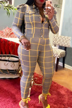 Yellow Casual Plaid Print Buckle Turndown Collar Long Sleeve Two Pieces