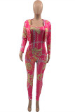 Pink Fashion Casual Print Cardigan Turndown Collar Long Sleeve Two Pieces