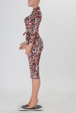 Leopard Print Casual Print Patchwork With Belt Zipper Collar One Step Skirt Dresses