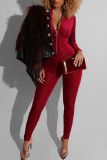 Burgundy Sexy Solid Patchwork Zipper Collar Skinny Jumpsuits