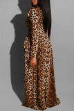 Leopard Print Sexy Print Leopard Split Joint Fold Asymmetrical Oblique Collar Dresses